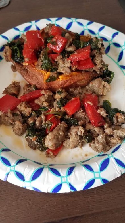 Whole30 Sausage, Peppers, Spinach stuffed Sweet potato