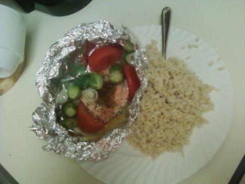 Baked Salmon with Tomato, Brussel Sprouts, and Onion