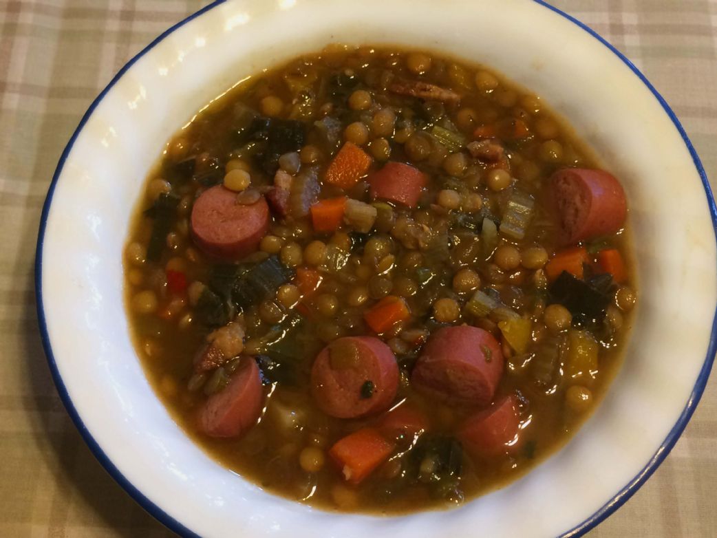Tina's Vegetable Lentil Soup with Hot Dogs