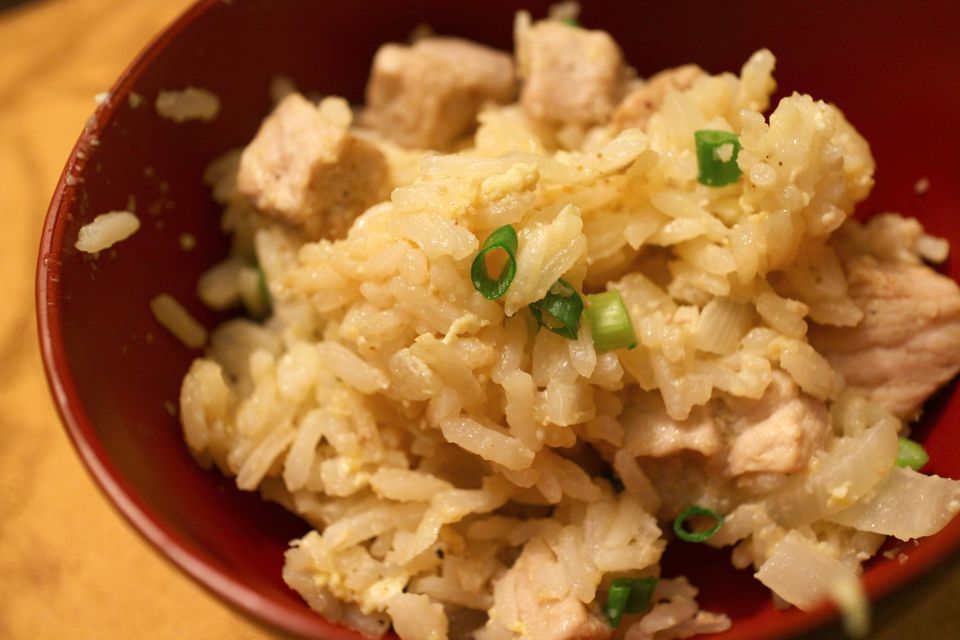 Pork Chop, Rice, Pea and Onion Stir-Fry