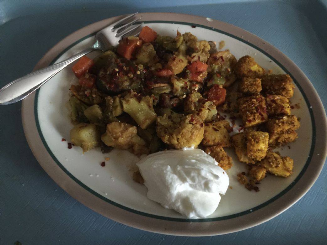 Vegetable and Breaded Tofu in Vindaloo Curry Sauce