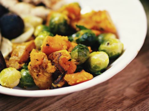Roasted Sweet Potatoes with Brussels Sprouts