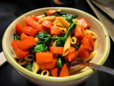 Whole Wheat Penne with Roasted Sweet Potato and Sauteed Spinach