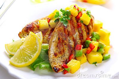 Grilled Chicken breast with mango-tomato salsa