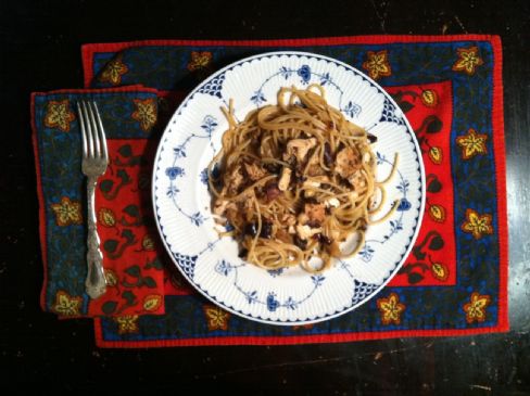 Spaghetti with Roasted Eggplant and Grilled Chicken Breast