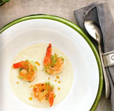 Cucumber and Dill Soup w seared ginger prawns
