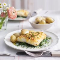 Cheddar Crusted Smoked Haddock with Jersey Royals and Creme Fraiche Sauce
