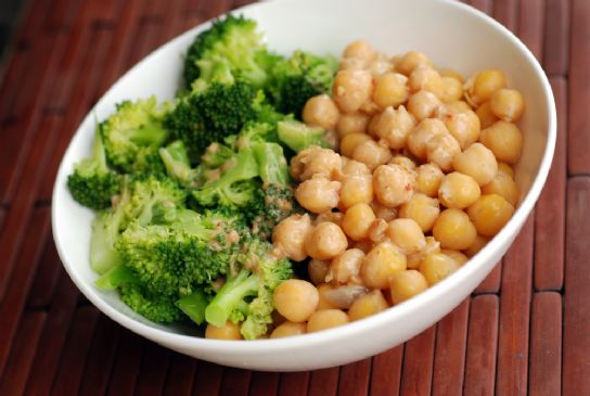 Chickpea and Broccoli Quinoa Bowl with a Peanut-Miso Sauce