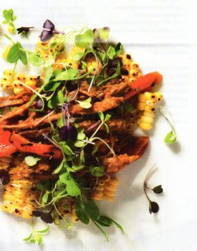 Pulled brisket with grilled corn and charred capsicum salad