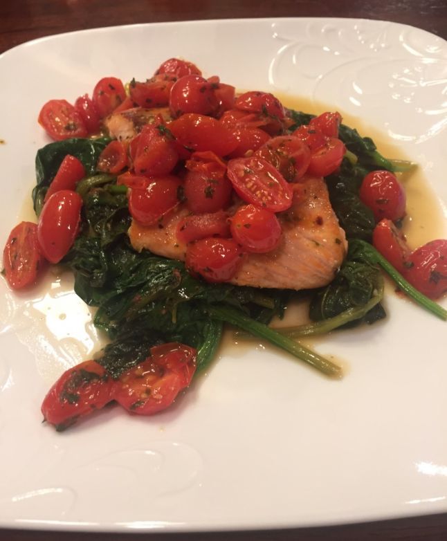Pan Seared Salmon with Sauteed Spinach and Tomatoes