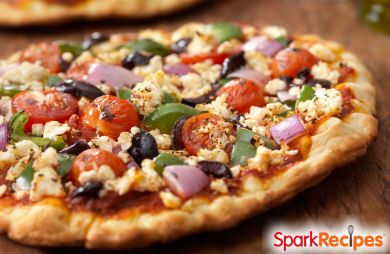 Veggie Pizza on Whole-Wheat Crust with Feta and Mozzarella Cheeses