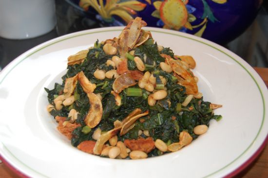 Crispy Garlic Kale with Chorizo and Beans