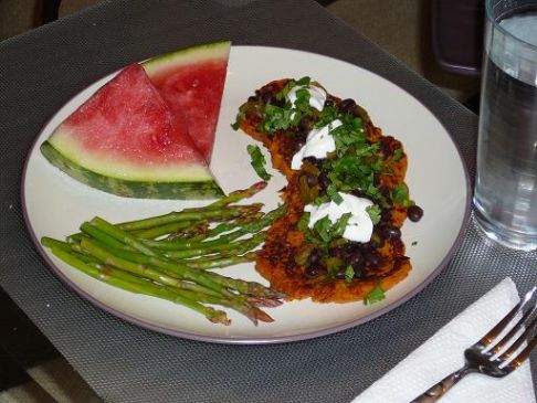 Sweet Potato Cakes with Black Beans and Green Chilis
