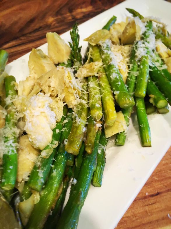 Roasted Asparagus with Artichoke Hearts and Parmesan