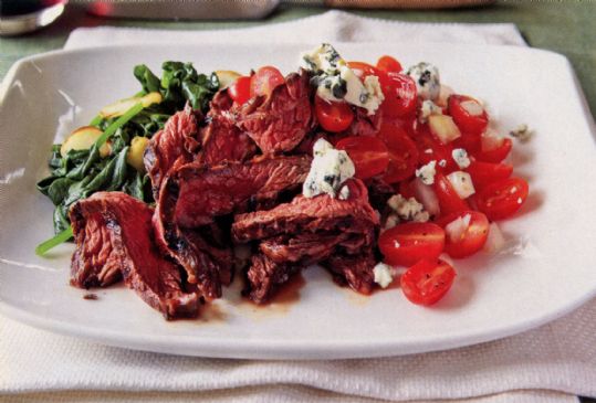 Grilled Basalmic Skirt Steak w/ Sauteed Baby Spinach and Tomato-Vidalia-Blue Cheese Salad