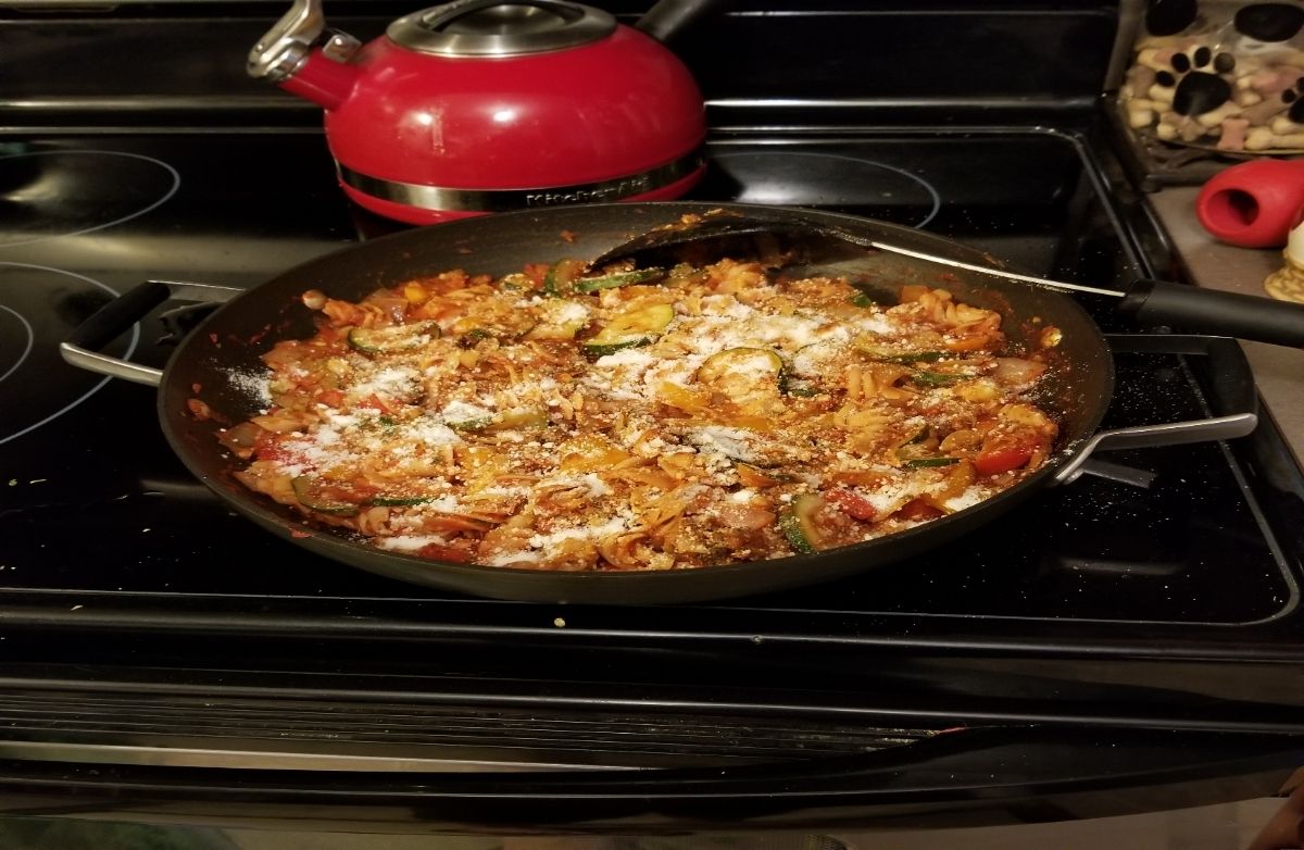 Red Lentil Pasta with Zucchini, Peppers, Garlic, Onions