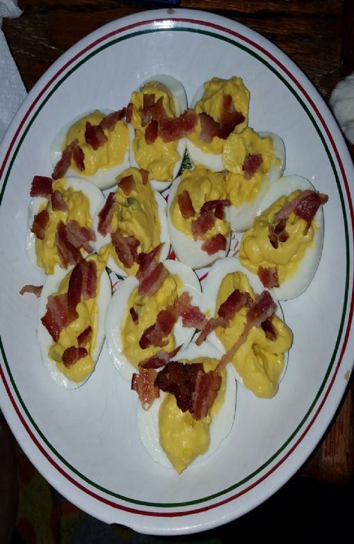 Deviled eggs ( whip miracle whip, mustard, relish and bacon)