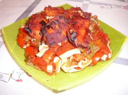 Vegan Diet BBQ Tofu and Veggies (Peppers, Onions, Tomatoes, and Mushrooms)