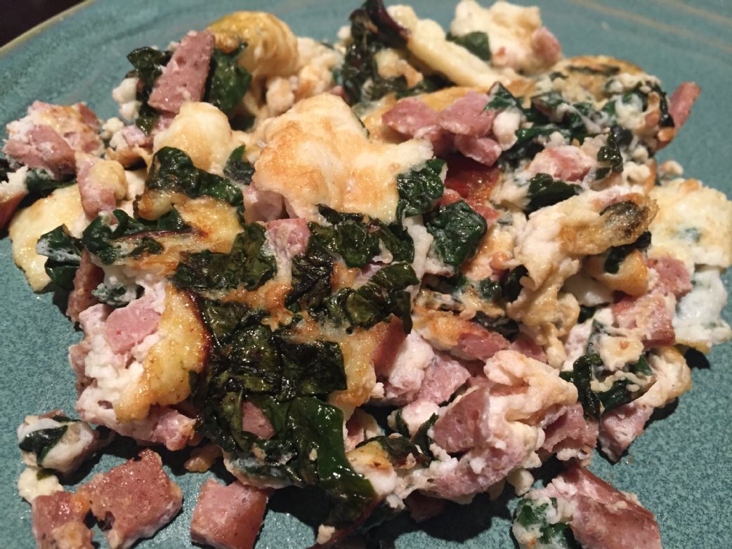 Egg White Scramble with Swiss Chard and Olympia Provisions Summer Sausage