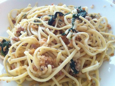 Linguine Fine with Garlic Pork Sausage and Spinach