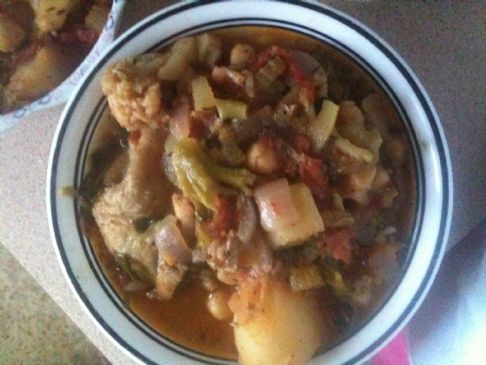 Stewed Chicken Thighs with Chickpeas, Greens and Vegetables