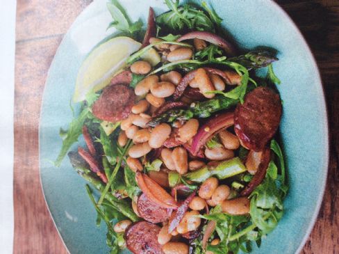 Chorizo, bean, green bean and red onion salad