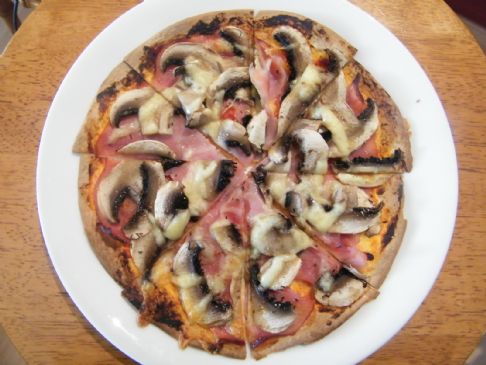 Ham and mushroom tortilla pizza