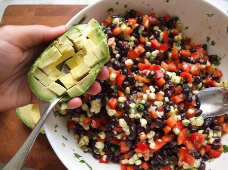 Black Bean Salad with Corn, Red Peppers, Avocado, and Lime-Cilantro Vinaigrette