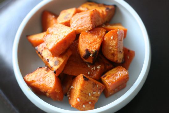 Low fat, low cal Roasted Honey, Basil, Balsamic Sweet Potato