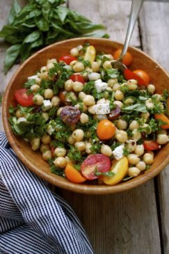 SUMMER CHICKPEA KALE SALAD WITH FETA, OLIVES and BASIL