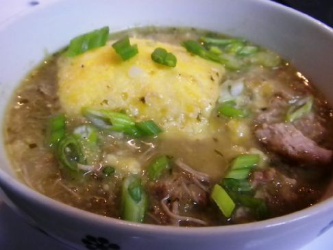 Green Chili Stew with Cheesy Cornbread Dumplings