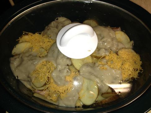 Slow Cooker Cheesy Hame and Scallop Potatoes