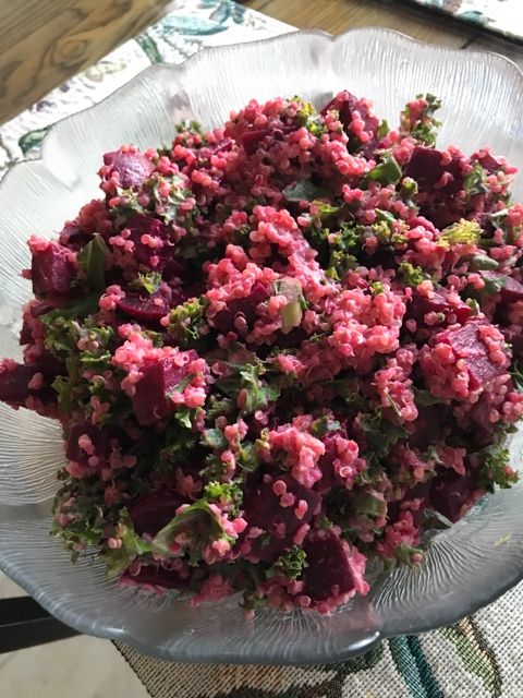 Beet Kale and quinoa salad with tahini lemon dressing