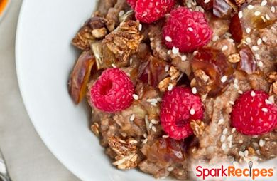 Spelt Berry Porridge with Granola, Dates, and Raspberries