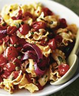 Roasted Tomatoes Chillies and Capers on GI (lentil) pasta