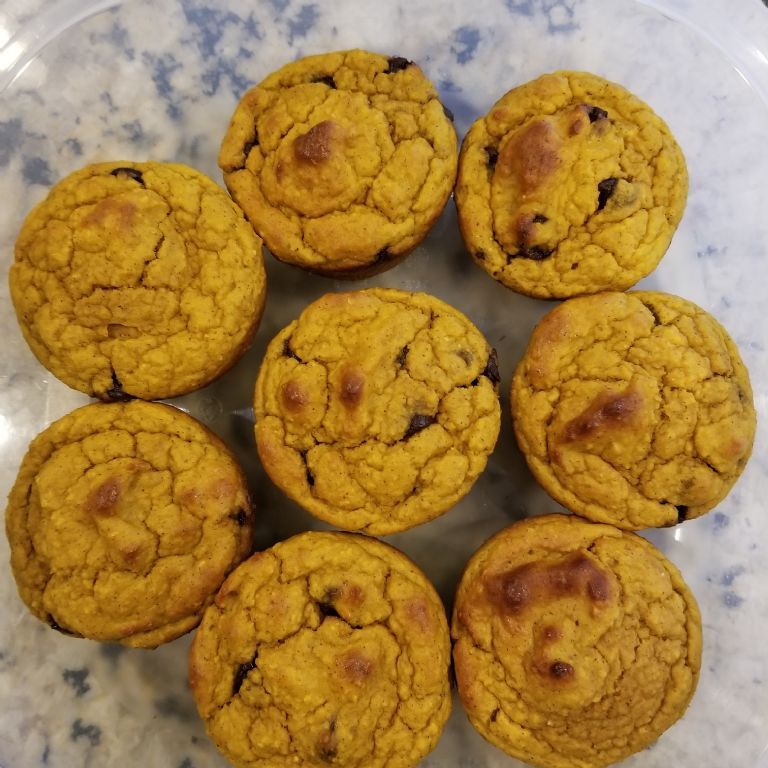 Pumpkin muffins with cranberries, walnuts and choc chips