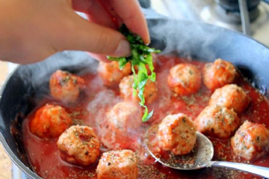 Turkey Meatballs in Spicy Tomato Basil Sauce with Burrata