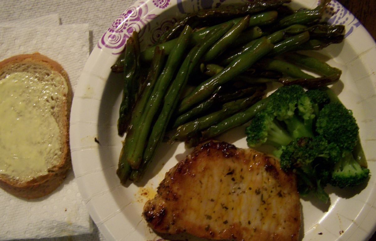 Diabetic or Healthy Eating ( pork chops and vegetables) with deli rye bread