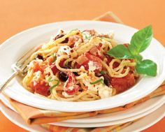 Spaghetti with Roasted Peppers, Plum Tomatoes, Goat Cheese and Basil