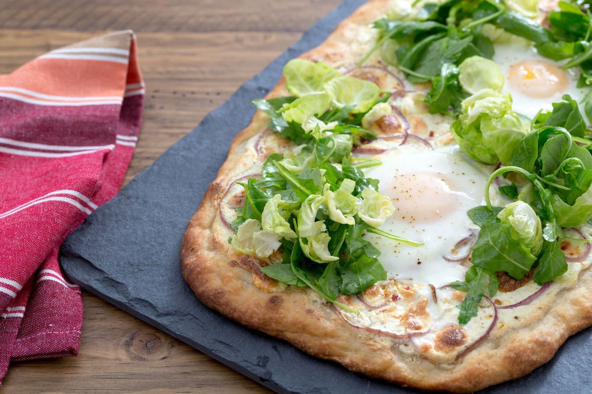Blue Apron White Pizza with Baked Eggs and Arugula-Brussels Sprout Salad