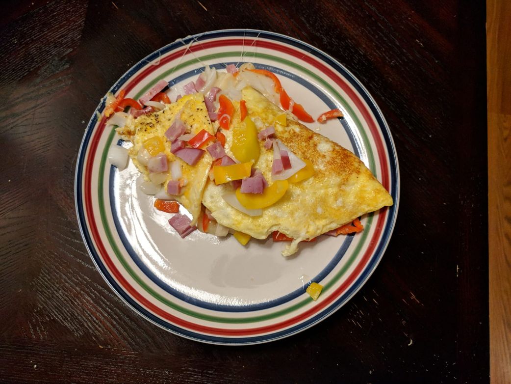 Ham, Egg, and Cheese Omelette with green peppers and onions (low cholesterol)