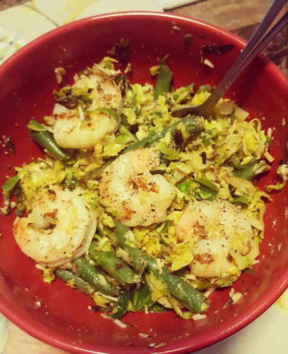 Warm Shaved Brussel and Shrimp Salad