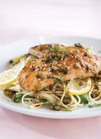 Chicken Piccata over pasta with spinach