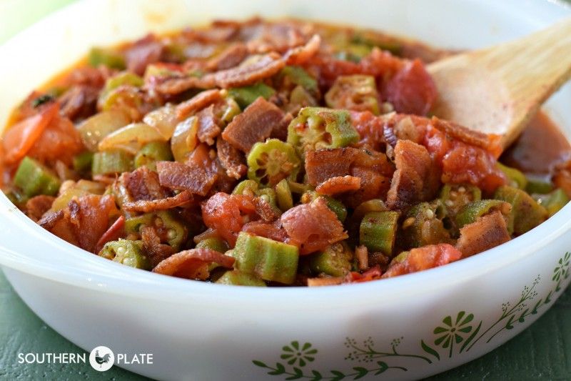 Okra with Turkey Bacon and Cherry Tomatoes