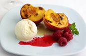 Caramelised peach melba with raspberry coulis