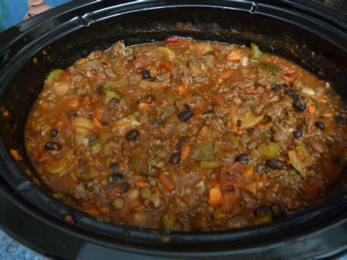 Chili with ground beef, pork sausage, and vegetables