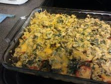 Tomato Casserole with Spinach, Pesto, Ground Chicken Breast, and Mushrooms