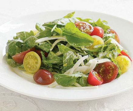 Heirloom Cherry Tomato, Fennel and Arugula Salad with Goat Cheese Dressing
