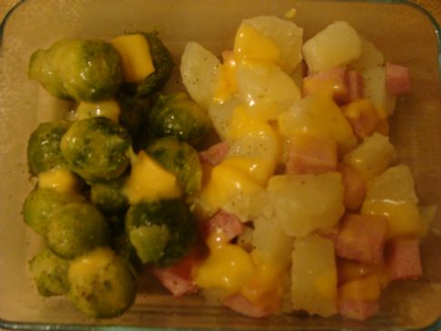 Cheesey Ham and potato's with Brussel Sprouts