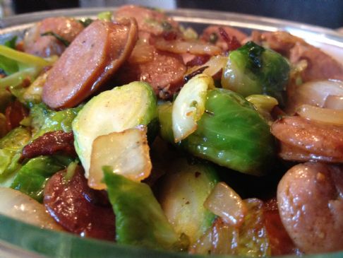 Brussels Sprouts with Bacon and Andouille Sausage